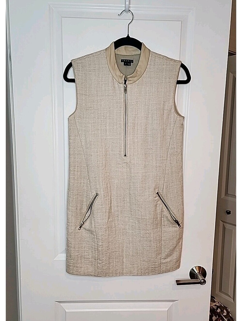 Theory Sheath Dress Women's Sz 2 Beige Silk Wool Leather Blend Emron Cross Shift